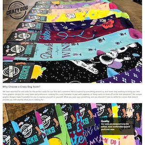 Puede incluir: Una variedad de calcetines coloridos con diferentes dise&ntilde;os y patrones. Los calcetines presentan una variedad de temas, que incluyen vino, espacio y animales. Todos los calcetines est&aacute;n hechos por Crazy Dog Socks y est&aacute;n dise&ntilde;ados para ser suaves y c&oacute;modos. El texto en la imagen dice "Crazy Dog Socks" y "Calidad: Nuestros calcetines est&aacute;n dise&ntilde;ados para ser la ropa m&aacute;s suave y c&oacute;moda que jam&aacute;s usar&aacute;s."