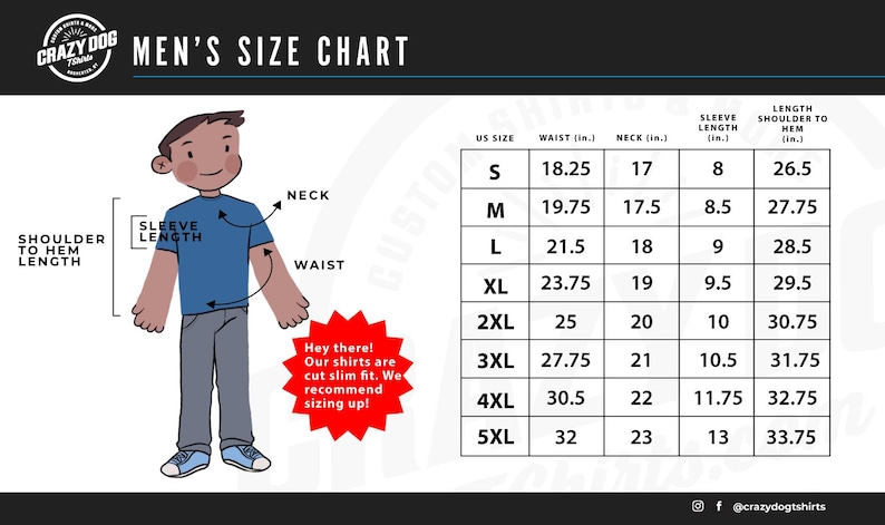 Puede incluir: Una tabla de tallas para hombres con una ilustraci&oacute;n de dibujos animados de una persona que lleva una camiseta azul. La tabla muestra la talla, la cintura, el cuello, la longitud de la manga y la longitud del hombro al dobladillo en pulgadas.