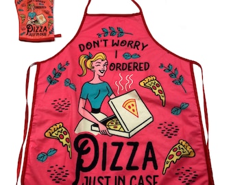 Maak je geen zorgen, ik heb pizza besteld voor het geval dat ovenwant, housewarming cadeau, kerstcadeau, gastvrouw cadeau, grappige ovenwanten, vintage dame, pizza