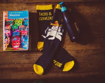 Tacos and Cervezas Socks, Funny Embroidered Novelty Socks
