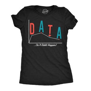 Peut inclure: Un t-shirt noir à manches courtes avec un graphique linéaire formant le mot DATA en lettres rouges et bleu sarcelle. Une flèche rouge pointe vers le bas depuis la lettre T. Sous le graphique, le texte indique ...Or It Didn't Happen! en blanc.