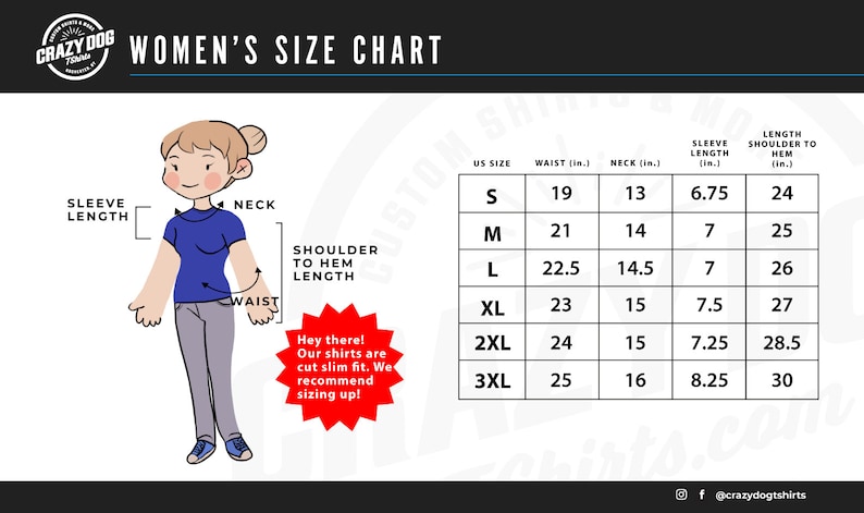 May include: A women's size chart with measurements in inches for shirts. The chart includes sizes S to 3XL, with waist, neck, sleeve, and shoulder to hem measurements. A cartoon woman is shown to illustrate the measurements.