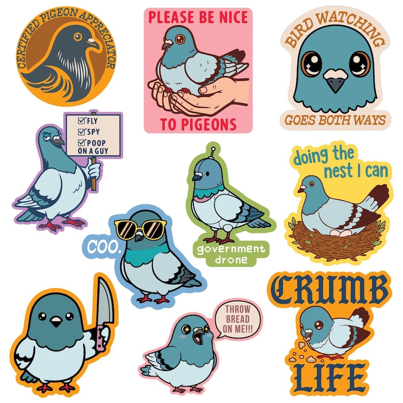 Cartoon Pigeon Stickers, Bird Watching Laptop Decals, Funny Pigeon Sticker Pack, Water Bottle Decal, Bird Lover Stocking Stuffer image 3