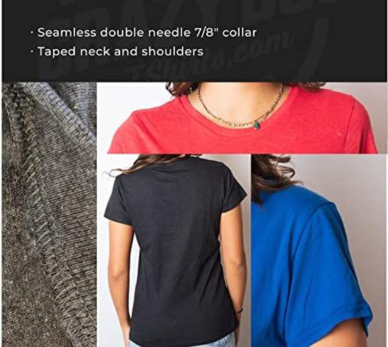 May include: A collage of t-shirts in red, black, and blue. The image highlights the seamless double needle 7/8" collar and taped neck and shoulders. The left side shows a close-up of the fabric's texture. The shirts are plain and simple.