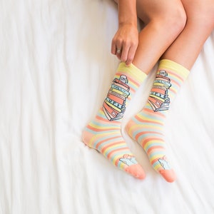 I&#39;m All Booked Up Socks, Bookworm Socks, Book Lover Socks, Books and Coffee Socks, Striped Socks, Gifts for Book Nerds, Compression Socks