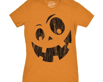 Funny Pumpkin Face Women's Fall T-Shirt: Silly Jack-O-Lantern Design