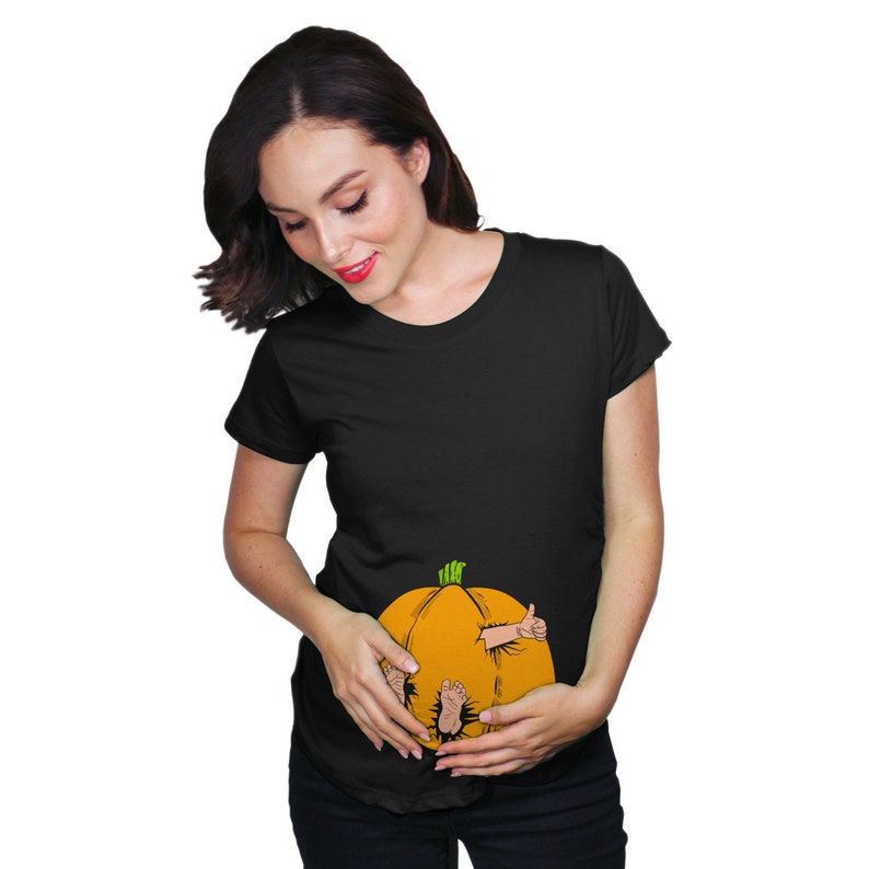 Monster Pumpkin Halloween Maternity T Shirt, Busting Out Pumpkin Pregnancy Shirt, New Mom Baby Halloween, Halloween Pregnancy Reveal image 1