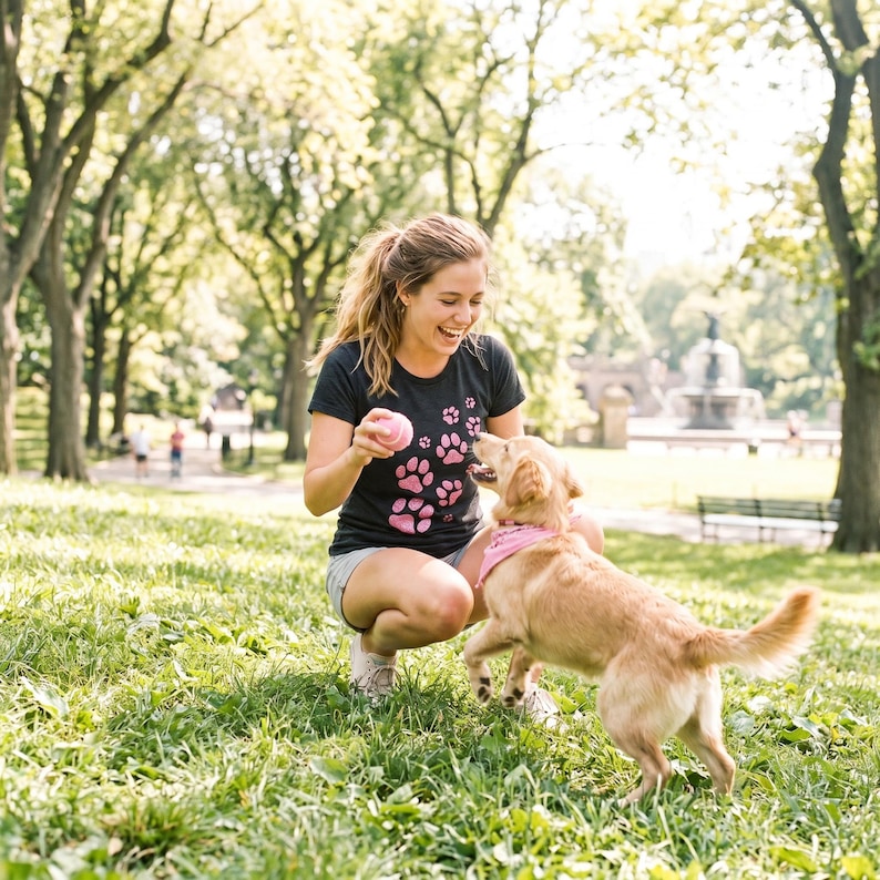May include: A black short-sleeved t-shirt featuring a pattern of pink paw prints on the front, paired with light-colored shorts. The shirt has a crew neckline and a fitted cut, showcasing a graphic design of multiple paw prints in varying sizes.