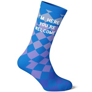 I'm Here You're Welcome Socks, Funny Checker Socks for Men and Women, Birthday Gift, Gag Gift image 2