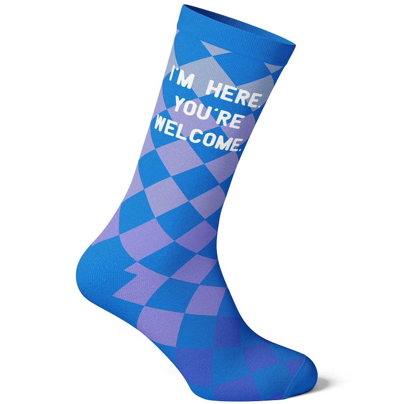 I'm Here You're Welcome Socks, Funny Checker Socks for Men and Women, Birthday Gift, Gag Gift image 2