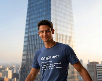 May include: A blue short-sleeved t-shirt featuring white text that reads: Engineer (enjə'nir)-noun a. one who gets excited about things that no one else cares about. The shirt has a crew neckline and a standard fit, displaying the definition clearly.