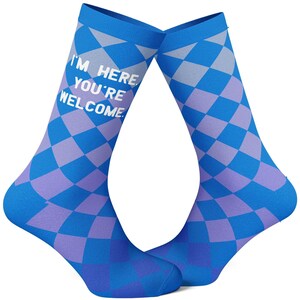 I'm Here You're Welcome Socks, Funny Checker Socks for Men and Women, Birthday Gift, Gag Gift image 5