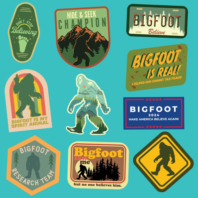 May include: A collection of nine colorful stickers featuring Bigfoot, a mythical creature. The stickers have various designs, including a Bigfoot hiding in the woods, a Bigfoot with a rainbow, and a Bigfoot with the text "Bigfoot is real!" The stickers are perfect for adding a touch of humor and whimsy to any surface.