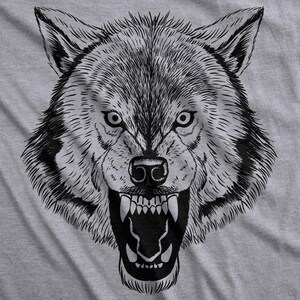 May include: A black and white illustration of a wolf's head with its mouth open and teeth bared. The wolf's eyes are wide and intense.