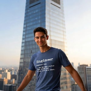 May include: A blue short-sleeved t-shirt featuring white text that reads: Engineer (enjə'nir)-noun a. one who gets excited about things that no one else cares about. The shirt has a crew neckline and is made of a solid-colored fabric with a screen-printed design.