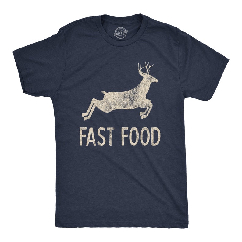 May include: A navy blue t-shirt with a distressed white graphic of a deer running with the text "FAST FOOD" underneath.