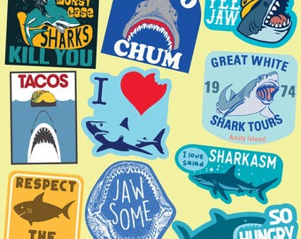Funny Shark Stickers: Ocean Decals for Laptop, Water Bottle - Set of 10