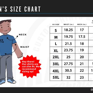 May include: A men's size chart with a cartoon illustration of a person wearing a blue t-shirt. The chart shows different sizes with corresponding measurements for waist, neck, sleeve length, and shoulder to hem length in inches.