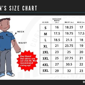 Puede incluir: Una tabla de tallas para hombres con una ilustraci&oacute;n de dibujos animados de una persona que lleva una camiseta azul. La tabla muestra las medidas de ancho de hombros, cintura, cuello, longitud de la manga y longitud de hombro a dobladillo en pulgadas. La tabla incluye las tallas S a 5XL.