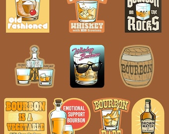 May include: A collection of eleven whiskey-themed stickers featuring illustrations of glasses, decanters, and barrels. Text includes Old Fashioned, Soup of the Day Whiskey with H2O Croutons, Bourbon on the Rocks, Whiskey Business, and Bourbon is a Vegetable.