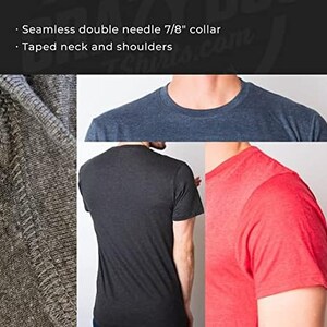 May include: Three t-shirts in different colors, showing the detail of the seams and the taped neck and shoulders.  The text on the image reads "Seamless double needle 7/8" collar. Taped neck and shoulders."