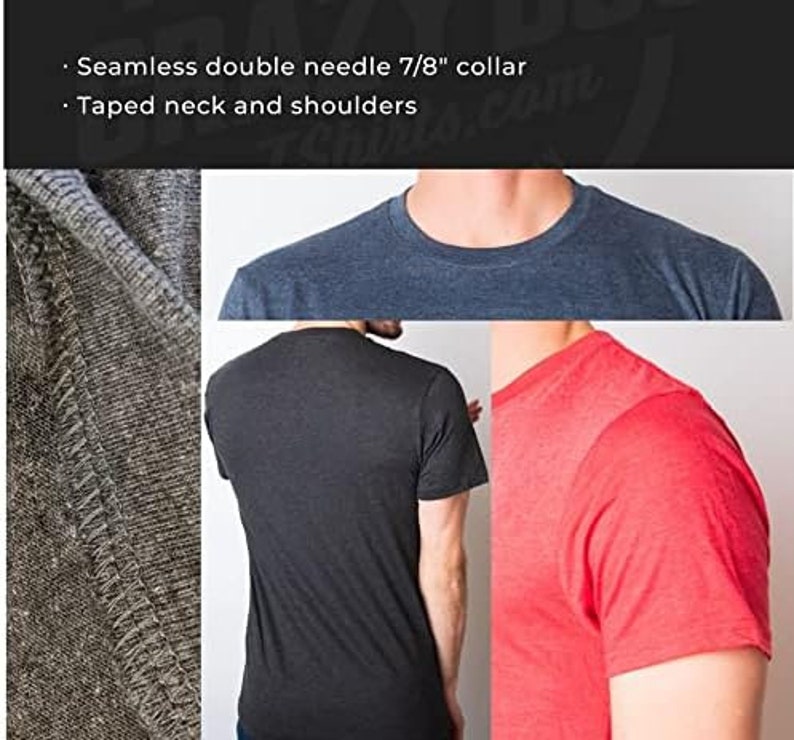May include: Three t-shirts in different colors, showing the detail of the seams and the taped neck and shoulders.  The text on the image reads "Seamless double needle 7/8" collar. Taped neck and shoulders."