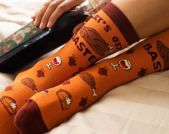 Let's Get Basted Socks, Funny Womens Fall Socks, Funky Socks, Wine Socks, Turkey Socks, Autumn Socks, Thanksgiving Socks