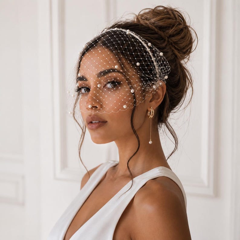Vintage Pearl Birdcage Veil Bridal Fascinator Minimalist Bridal Face Veil French Net Veil Bridal Headpiece Short Veil-Retro Elegant Veil