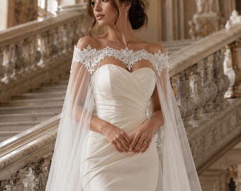 Capa de noiva de renda, capa de casamento removível, capa de noiva estilo catedral, casamento romântico, véu minimalista de uma camada para usar sobre os ombros da noiva.