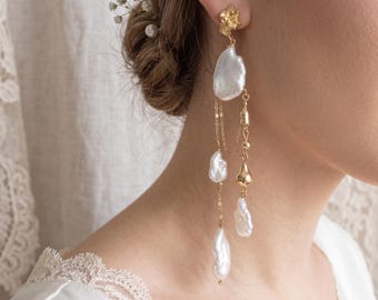 Baroque Pearl Earrings-Gold Statement Bridal Earrings-Wedding Earrings-Long Dangle Earrings Gift for Her-Asymmetrical Style Modern Earrings