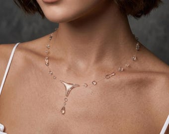 Invisible Minimalist Floating Crystal Bridal Necklace Water drop Elegant Accessory Transparent Water Drop Necklace Bridal Gift for Women
