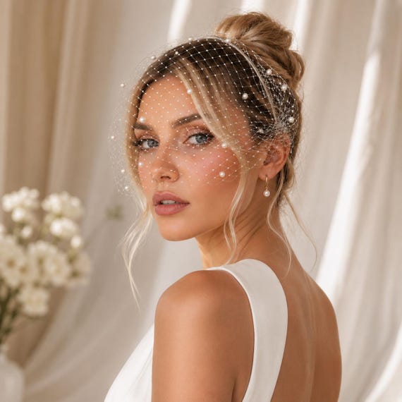 Vintage Pearl Birdcage Veil Bridal Fascinator Minimalist Bridal Face Veil French Net Veil Bridal Headpiece Short Veil-Retro Elegant Veil