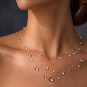 Può includere: Una collana trasparente con più perle rotonde e trasparenti di varie dimensioni. La collana è infilata su un filo quasi invisibile, creando l'illusione di goccioline fluttuanti. La collana è indossata sul collo di una persona.