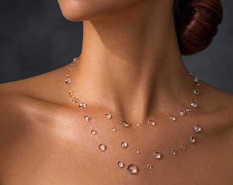 Invisible Cyristal Handmade  Water Drop Necklace – Minimal Floating Bead Choker- Minimalist Bridal Jewelry- Boho Bride