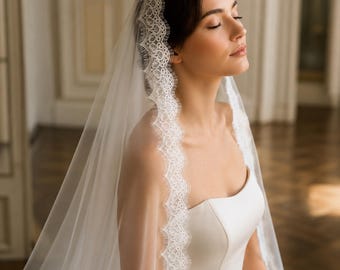 Lace Edge Cathedral Veil, Floral Lace Wedding Veil-Cathedral Bridal Veil, Long Lace Veil, Soft Tulle Veil, Elegant Bride-Vintage Bridal Veil
