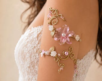 Gold Floral Arm Cuff Fairycore Bridal Arm Bracelet Romantic Wedding Accessory- Princess bride- Boho Bride