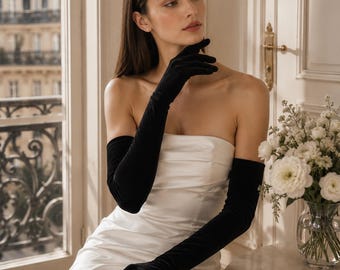 Vintage Black Bridal Opera Gloves-Satin,Velvet Wedding Gloves for Bride-Evening Gloves-Elegant Bridal Accessory-Long,Middle,Short Style