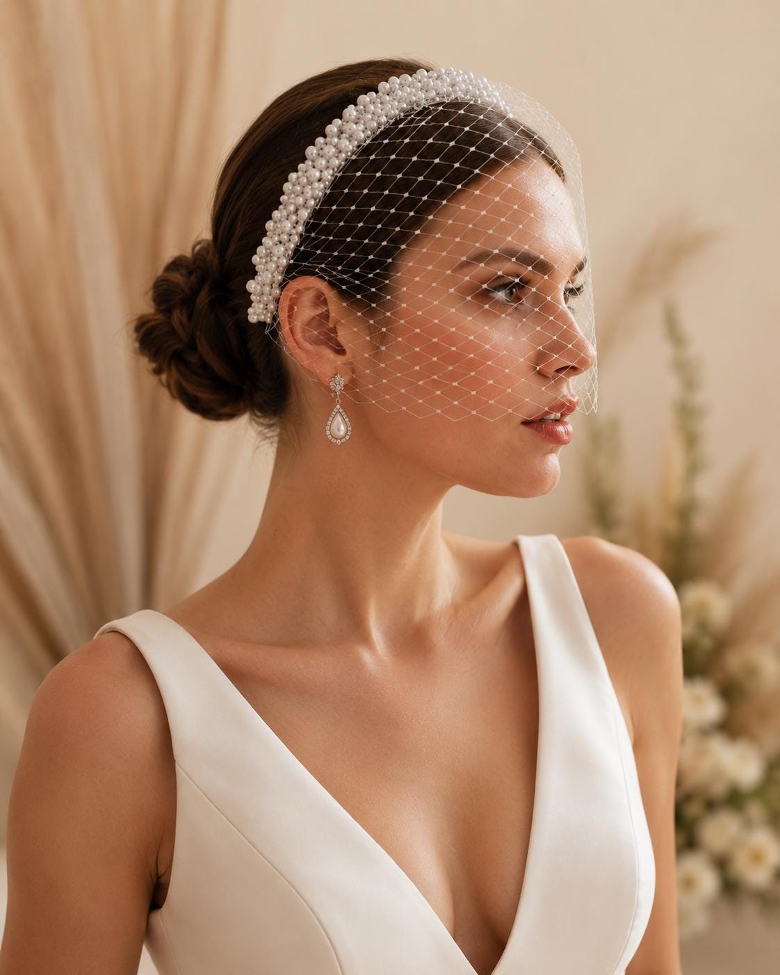 Vintage Pearl Birdcage Veil Headband-Bridal Headpiece,Wedding Hair Accessory-Veil Fascinator Minimalist Bridal Face White Tulle Cage Veil