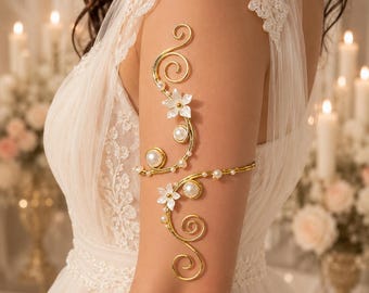 Floral Bridal Arm Cuff Pearl Arm Band Wedding Arm Bracelet Fairy Arm Cuff Gold-Silver Upper Arm Jewelry Bridal Gift for Bride