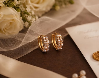 Pearl Hoop Earrings Dainty Gold Pearl Huggie Earrings Bridal Pearl Earrings Minimalist Hoops Bride Gift Bridesmaid Gifts,Everyday Jewelry