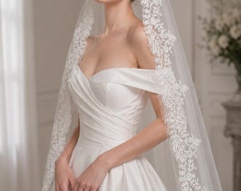 Lace Mantilla Wedding Veil, Cathedral Bridal Veil-Floral Lace Edge Veil-Long Chapel Veil-Romantic Bridal Veil-Ivory Veil-Chantilly Lace Veil
