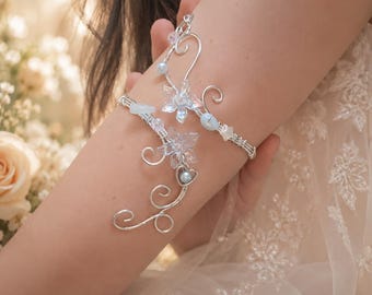 Boho Bridal Arm Cuff Silver Flower Arm Bracelet Fairy Wedding Jewelry Romantic Bride Gift Handmade