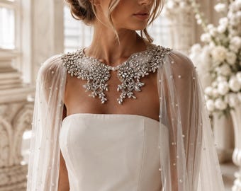 Véu de noiva para catedral, véu de noiva com pérolas e cristais, capa para vestido de noiva, véu minimalista removível de uma camada.