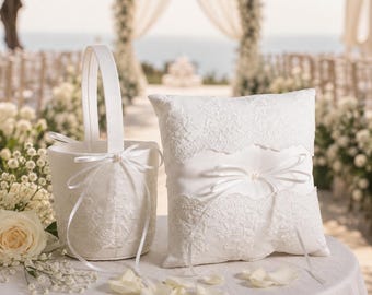 Bridal Ceremony Decor-Wedding Flower Girl Basket & Ring Bearer Pillow Set-Lace Wedding Basket-Ivory Ring Pillow, Rustic Wedding Ceremony Set