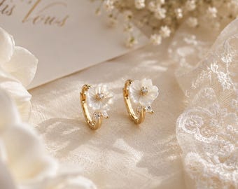 Flower Pearl Hoop Earrings Bridal Earrings Gold Floral Earrings Wedding Earrings Mother of Pearl Earrings Bride Gift Dainty Floral Earrings