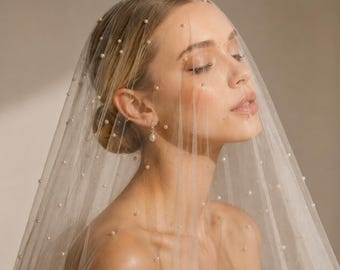 Pearl Wedding Veil-Pearl Bridal Veil-Cathedral Veil-Pearl Fingertip Veil-Beaded Bridal Veil-minimalist wedding veil-Elegant Long Chapel Veil