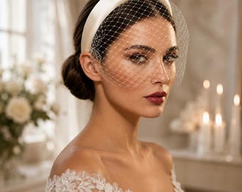 Tiara com véu gaiola cor marfim, tiara de cetim para noiva - fascinator para véu de casamento - acessório de cabelo vintage para noiva - véu facial luxuoso creme para noiva no tribunal