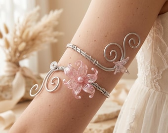 Pink Floral Arm Cuff Bridal Arm Band Fairy Arm Bracelet Wedding Upper Arm Jewelry Floral Bridal Accessory Gift for Bride- Boho Bride