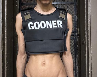 Gooner Cropped Tactical Vest Top – Neoprene Kangaroo Pouch Pocket, Streetwear Fetish Fashion