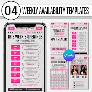 May include: A digital display of four weekly availability templates for a beauty business. The designs feature a newspaper-style header titled The Beauty Times, with pink and black text listing appointment slots, August dates, and booking info.